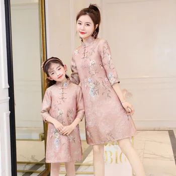WLG Chineză rochii stil familie de potrivire haine mama și fiica dress roz floral albastru fsahion cheongsam