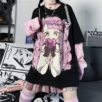 Toamna facultate stil kawaii drăguț fată de imprimare fals două piese pulover tricou femei Harajuku pierde cu mâneci lungi femei top
