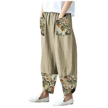 Lus Dimensiunea de Vara de Bumbac Largi Picior Pantaloni Femei Florale Imprimate Pantaloni Vintage Talie Elastic Boem Pantalon Harem Nap