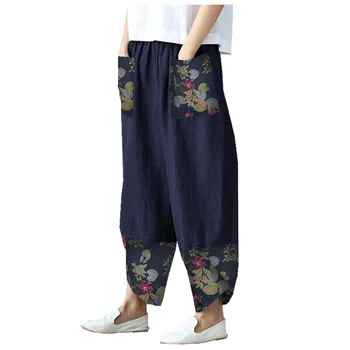 Lus Dimensiunea de Vara de Bumbac Largi Picior Pantaloni Femei Florale Imprimate Pantaloni Vintage Talie Elastic Boem Pantalon Harem Nap