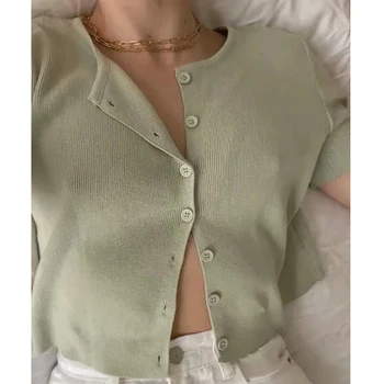 Vara crop top pentru femei graphic t shirt epocă scurt butonul de sus tricou grafic elegant tricouri femei topuri drăguț verde 2021 Noi