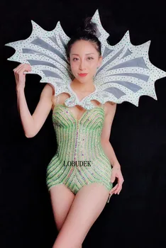 Pietre verzi Perspectivă Bodysuit Frizură Femeile Club de noapte cu DJ Cantareata Costum Sexy de Jazz Etapă a Purta Modele Catwalk Costume