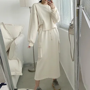 Caual Streetwear Două Seturi De Piese De Toamna Casual Culoare Solidă Fusta Costum De Sex Feminin Coreeană Liber Gât Rotund Maneca Lunga Split Hoodie