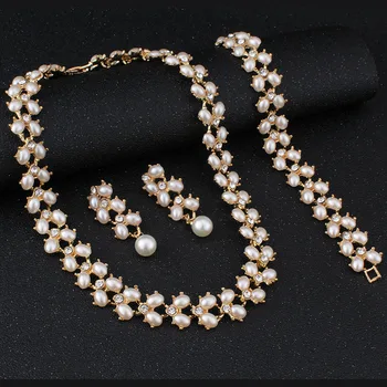 Jiayijiaduo Moda Nunta bijuterii set Aur-culoare imitație Pearl Colier cercei Lungi Bratara pentru Femei Set bijoux femm