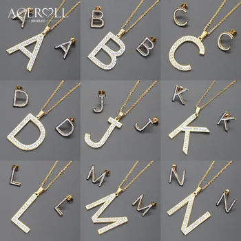 ACEROLL din Oțel Inoxidabil Scrisoare Inițială Set de Bijuterii, Cercei Si Pandantiv Colier Cu Zirconiu CZ, Alfabet a-Z