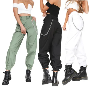 2020 High Street Style Solid Pantaloni De Marfă, Cu Lanț Nou De Moda De Talie Mare Pentru Femei Pantaloni Largi De Culoare Neagră Glezna-Lungime Pantaloni
