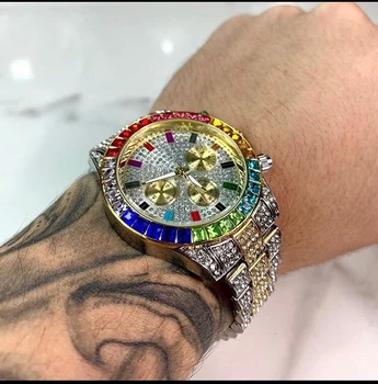 Bărbați Ceas De Lux De Brand Nou Mens Ceas De Aur Cuarț Ceas Cronograf Diamante Colorate Din Otel Inoxidabil De Gheață Afară Hip Hop Ceas