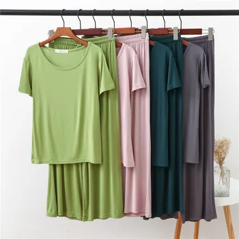 2 Bucata Set Modal Homewear pentru Femei Culoare Solidă Vrac Pijamale 2020 Tricou Maneca Scurta si Pantaloni de Toamna Haine de Acasă pentru Femei