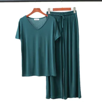 2 Bucata Set Modal Homewear pentru Femei Culoare Solidă Vrac Pijamale 2020 Tricou Maneca Scurta si Pantaloni de Toamna Haine de Acasă pentru Femei