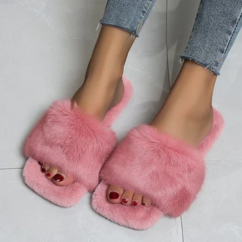 2020 Moda de Iarnă pentru Femei Papuci Faux Blana de Culoare Solidă Slip-on Cald Papuci Apartamente Confortabile de sex Feminin Slide-uri Casual, Pantofi Acasă
