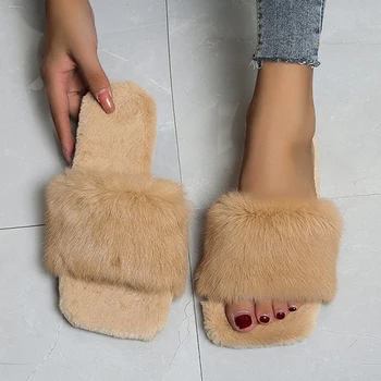 2020 Moda de Iarnă pentru Femei Papuci Faux Blana de Culoare Solidă Slip-on Cald Papuci Apartamente Confortabile de sex Feminin Slide-uri Casual, Pantofi Acasă