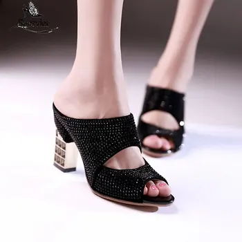 Sgesvier 2020 noua moda femei catâri pantofi cu tocuri groase peep toe pantofi pentru femei din piele pu de vara femei sandale negru argintiu