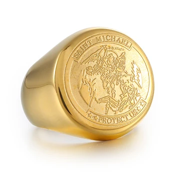 Saint Michael Inele pentru Omul de Oțel Inoxidabil Arhanghelul Medalie Inelul de Aur de Argint de Culoare Gravura Bijuterii