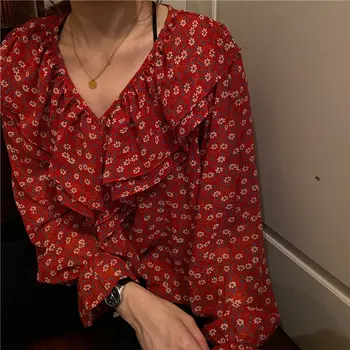 HziriP 2020 Roșu Chic De Moda Flare Mâneci Florale V-Neck Șifon Dulce Volane Tricouri Lejere Casual Se Potrivesc Scurtă Bluze