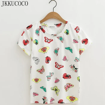 JKKUCOCO mai Noi Femeile topuri Culori Fluture de Imprimare t-shirt cu maneci scurte o-neck tricou Casual pentru Femei tricou de Vara tricouri XS-XL