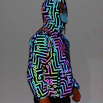 Femei Sacou Reflectorizant Hip Hop Canadiană Noapte Jachetă Cu Glugă Fluorescente, Îmbrăcăminte De Circuit Model Geometric Curcubeu Bărbați