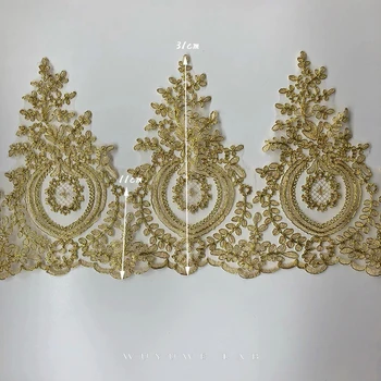Delicat 1Yard Broderii de Aur Alb Plasă de Dantelă Asieta Diy de Lux Aplicatiile de Flori de Îmbrăcăminte Dantela Tesatura pentru Rochii de Mireasa 31cm