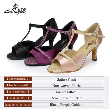 Noi Doamnelor Auriu/Violet/Negru Satin și Flash Salsa Latin Pantofi de Dans Tango, Samba Pantofi de Dans Dimensiune 35-44