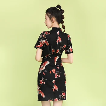Noi Primăvara și Vara la fața Locului Șansă Reală Negru Gravat Cheongsam Scurt Fată Elegant Stil Chinezesc Noua Versiune Îmbunătățită a Rochie Sexy