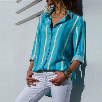 Baharcelin Femeie de Moda Fată Plină Manșon Șifon Bluză pentru Femei Bluză Casual Plus Size 2XL 3XL Dungi Topuri Șifon Îmbrăcăminte