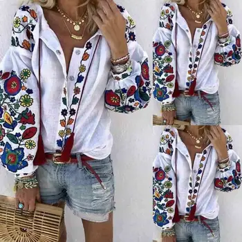 Mai nou print trendy pentru Femei de Moda Felinar Maneca Florale stil Etnic Cămașă Brodată Topuri Largi Gât Bluza Camasa Eleganta fierbinte