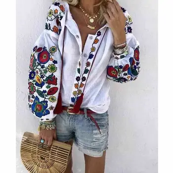 Mai nou print trendy pentru Femei de Moda Felinar Maneca Florale stil Etnic Cămașă Brodată Topuri Largi Gât Bluza Camasa Eleganta fierbinte