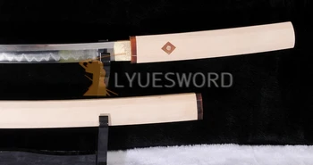 LYUESWORD Full Tang Samurai Shirasaya Sabie Katana Pliat Oțel Lut Temperat Real Hamon Lamă Ascuțită Corn BOU Lemn de Înaltă Calitate