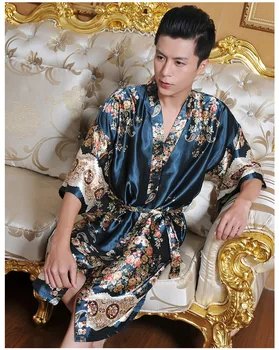 Chineză Stil Bărbați Kimono-Halat De Baie Rochie De Imprimare Florale Pijamale Moi Pijamale Largi Halat Satin Lenjerie Intima Casual Neglijeu