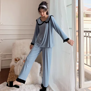 Tesatura de bumbac Femei Pijama Set de mai Multe Culori de Mari Dimensiuni Femei Somn Îmbrăcăminte de Primăvară cu mâneci Lungi Acasă în Pijama Seturi pentru Femei