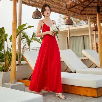 Alb Rosu Maxi Cu Spatele Gol Femei Bretele Rochie De Vara Eleganta De Petrecere, Vacanta, Plaja Rochie Lungă Tropicale Coreean Pista Sundress 2020