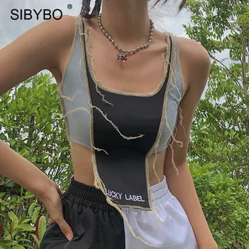 Sibybo Coaste Tricot Mozaic Femei Topuri Rezervor De Vară Fără Mâneci O-Neck Top Casual Scrisoare De Imprimare De Moda Streetwear Basic Tee 2020