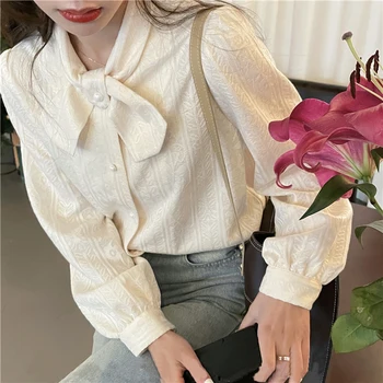 Franceză Elegant Tricouri Femei Retro Arc Lung Puff Maneca Bluza Vintage si Topuri Femeile 2021 Primăvară Coreea Stil Camasa Chic Feminin