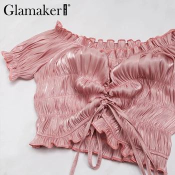 Glamaker Volane plisate de pe umăr crop top pentru Femei de moda negru de vară rezervor de top bretele din satin Roz sexy cami haine de sex feminin