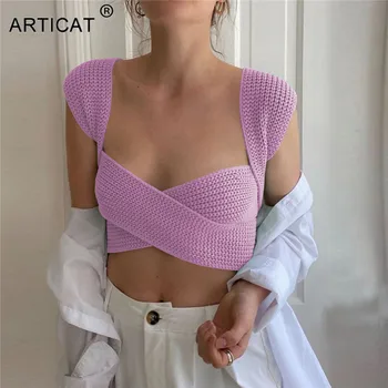 Articat Nou Fără Mâneci Tricotate Cultură Femei Pulover Sexy 2021 Primavara-Vara Doamnelor Rezervor De Top Casual Streetwear Feminin Bandaj De Sus