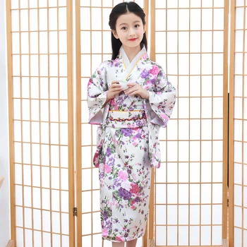 Copii Fete Rosu Kimono Japonez Halat De Baie Rochie De Imprimare De Flori De Performanță Îmbrăcăminte Yukata Cu Obitage Moale Cosplay Costum