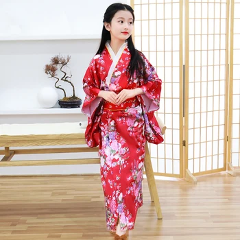 Copii Fete Rosu Kimono Japonez Halat De Baie Rochie De Imprimare De Flori De Performanță Îmbrăcăminte Yukata Cu Obitage Moale Cosplay Costum
