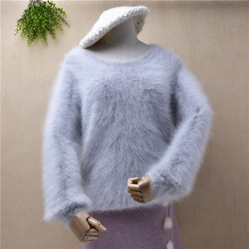 Doamnelor moda pentru femei păros o-gât nurca cașmir tricotate mâneci lungi slim pulover de angora blana de iepure iarna jumper pulover topuri
