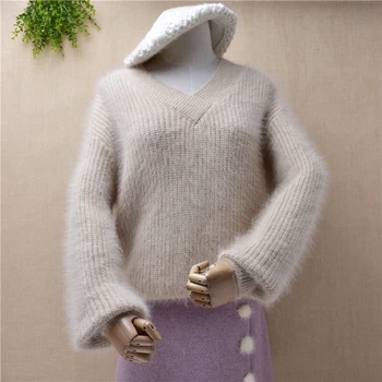 Doamnelor moda pentru femei păros o-gât nurca cașmir tricotate mâneci lungi slim pulover de angora blana de iepure iarna jumper pulover topuri