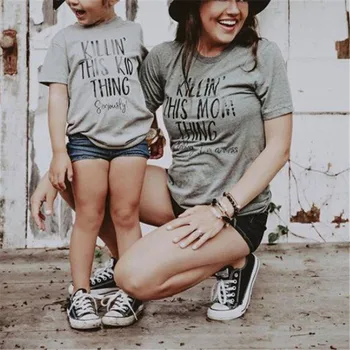 Mama Fiicei tricou mai Noi 2019 Vara Mami Și cu Mine Haine de Familie Potrivire Gri Scrisoarea Imprimate T-shirt Părinte-copil Tricou