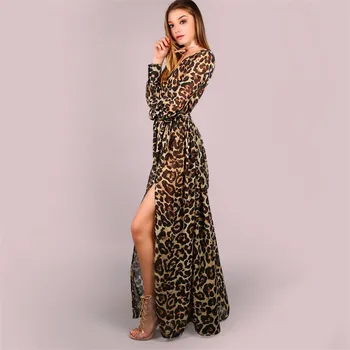 Leopard Rochie Lunga pentru Femei de Cafea Rochii cu Maneci Lungi 2019 Nouă Primăvară de Toamnă Sexy Split V Gât Rochie Slim Vestidos Feminina CX07