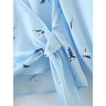 Moda de vară pasăre de imprimare za femei albastru bluza chic lady v-neck arc dantelă-up casual cu maneci lungi tricou topuri blusas mujer 2020