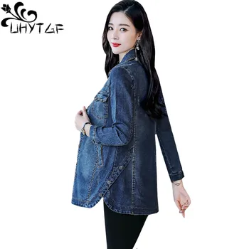 UHYTGF 5XL plus dimensiune jacheta denim femei buzunar moda coreeană casual de primavara toamna blugi haine sălbatice elegant feminin jachete 1078