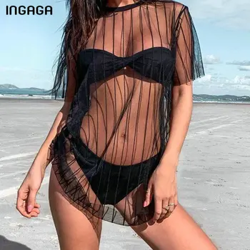 INGAGA Solid Beachwear Acoperi Transparent Mesh Long Beach Rochie Maneca Scurta, Costume de baie Femei 2021 Costum de Baie cu Dungi pentru Femei
