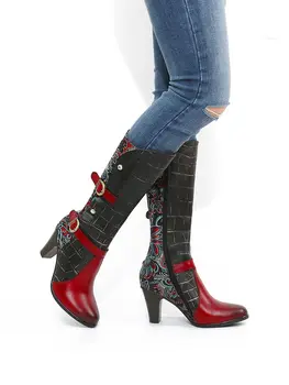 SOCOFY Femei Cizme Retro din Piele de Imprimare de Îmbinare Căptușeală Cald Indesata Toc Cizme Jumătatea vițel Pantofi Casual Botas Mujer 2020