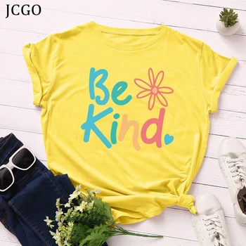 JCGO Femei Tricou de Vara din Bumbac 5XL Plus Dimensiune Maneca Scurta de Flori Drăguț Fi un Fel de Scrisori de Imprimare Femeie Tricouri Casual Tricou Lady Topuri