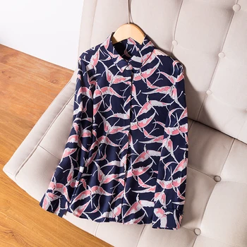 SuyaDream Femei Imprimate Bluza REALE MĂTASE cu Mâneci Lungi Birou Doamnă Rândul său, în Jos Guler Bluze de Birou 2019 Toamna Tricou