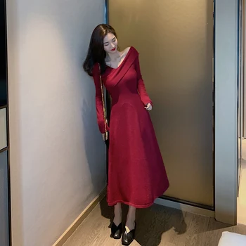 COIGARSAM Tricotat Femei rochie V-Gât Rochii Roșu Negru 2298