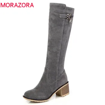 MORAZORA 2020 new sosire cizme femei rotund toe toamna iarna genunchi ridicat cizme cu fermoar, cu cataramă moda pătrat pantofi de femeie