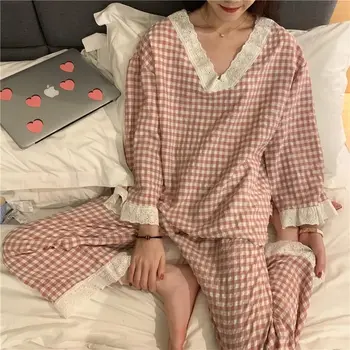 Roșu Net sweet pijama femei costum cu maneci lungi pantaloni stabilit noi v-neck toamna iarna pijamas pentru femei vrac haine de acasă