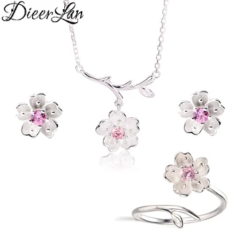 2019 Nunta Mireasa Seturi de Bijuterii Argint 925 Cristal Roz Flori de Cires Floare Coliere Inele Cercei pentru Femei